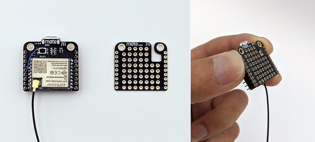 mote mini and protoboard. Note how the board fits under the mote mini, with a cutout to allow access to the battery connector. Solder 2mm header sockets to the protoboard to allow quick insertion. Watch out for the vertical clearance of the components under the mote mini, though!