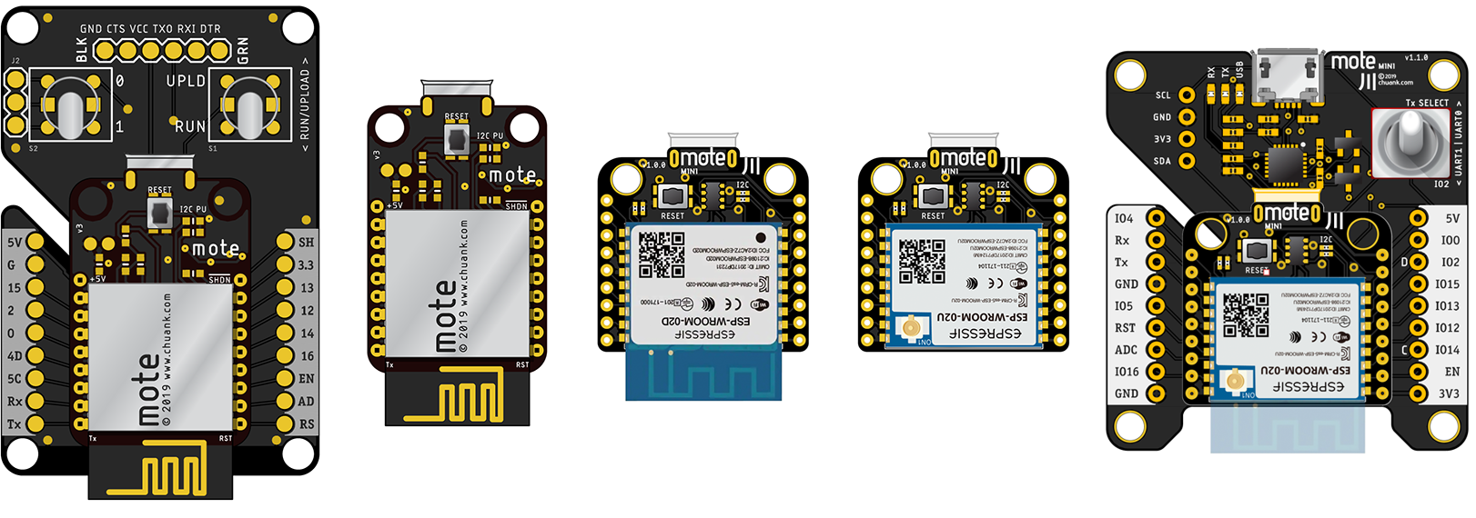 From left to right: Gen 1 mote v1.0.0 (attached to the programmer); Gen 1 mote v1.0.0; Gen 2 mote mini v1.0.0 w/PCB trace; mote mini v1.0.0 w/u.FL connector; mote mini programmer