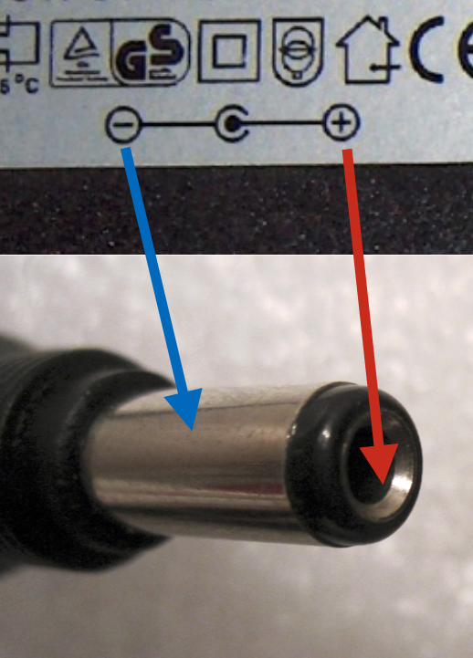 Polarity is always printed on a power supply. In this case we have a positive tip polarity.